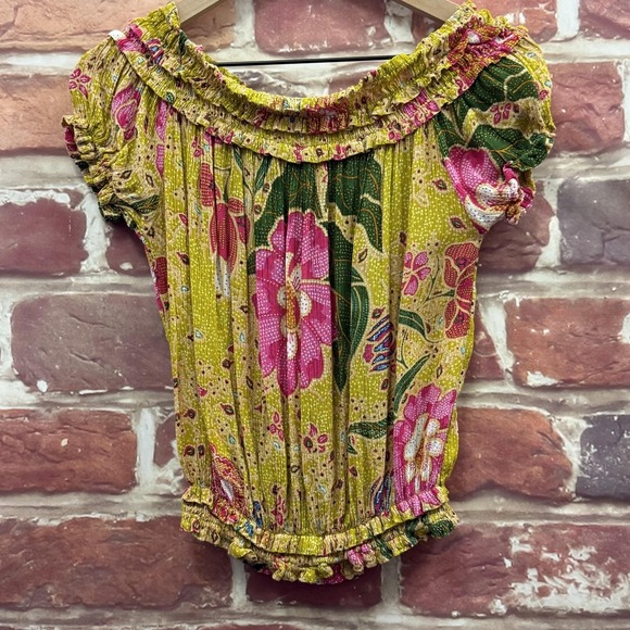 Free People Suki Top Women's S Yellow Multicolor Boho Floral Off Shoulder Shirt - Picture 4 of 9